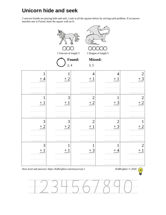 Preview of An addition challenge work sheet for Kindergarten.  Find unicorns on a 5 by 4 grid. v1