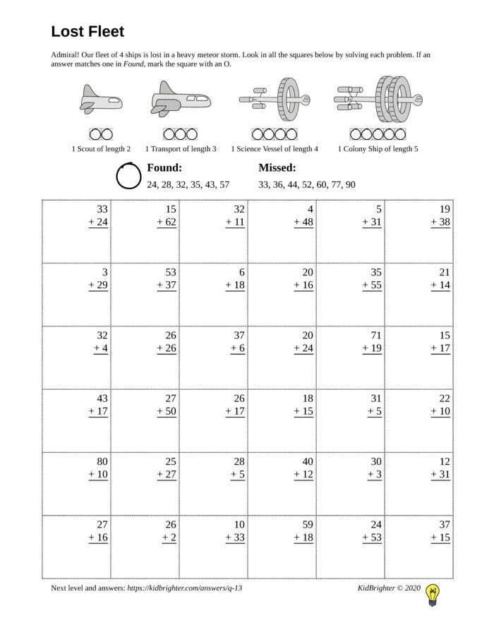 Thumbnail of An addition challenge work sheet for Grade 2.  Find spaceships on a 6 by 6 grid. v1