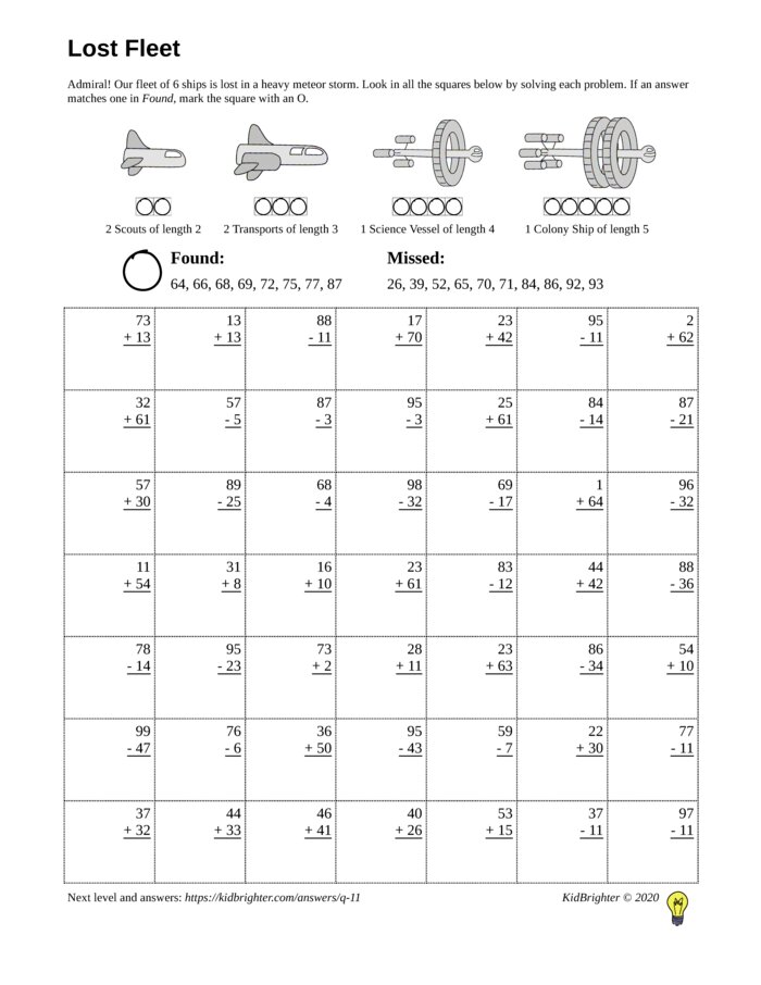 Thumbnail of A mixed addition and subtraction challenge work sheet for Grade 2.  Find spaceships on a 7 by 7 grid. v1