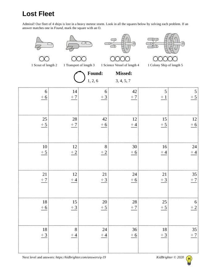Preview of A division challenge work sheet for Grade 3.  Find spaceships on a 6 by 6 grid. v1