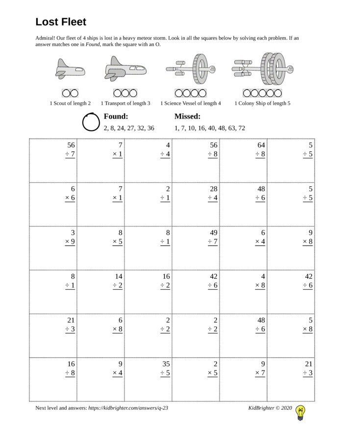 Thumbnail of A multiplication and division challenge work sheet for Grade 3.  Find spaceships on a 6 by 6 grid. v1