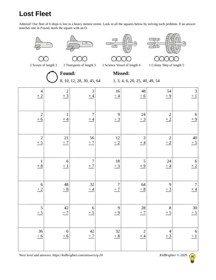Preview of A multiplication and division challenge work sheet for Grade 3.  Find spaceships on a 7 by 7 grid. v1
